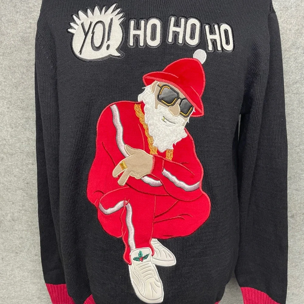 Ugly Christmas Sweater Mens XL Black Hip Hop Santa Yo Ho Ho Ho Holiday B-Boy